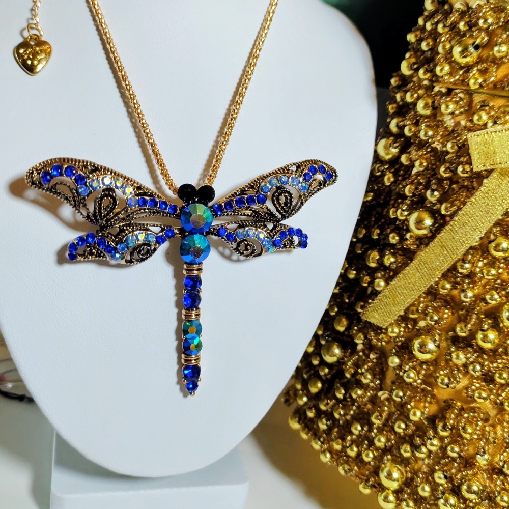 Betsey Johnson Blue and Gold Dragonfly Necklace & Brooch Combined Into 1 - Picture 2 of 4